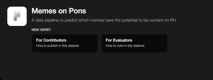 A dark-themed website header for 'Memes on Pons' describes it as 'A data pipeline to predict which memes have the potential to be runners on RH', with links for 'For Contributors' and 'For Evaluators'.