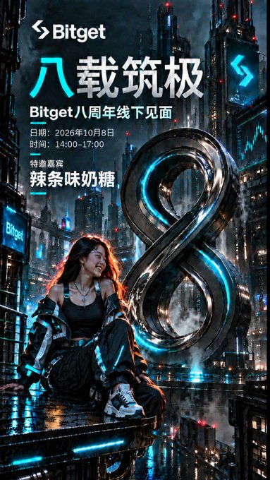 A Bitget 8th anniversary promotional poster features a woman sitting on a rooftop with a large metallic '8' and Chinese text '八载筑极' announcing an offline event on October 8, 2026.