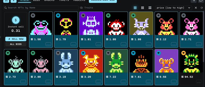 The image shows an NFT marketplace listing for the "0rphans" collection on Solana, featuring pixel-art character PFPs with prices ranging from approximately $1.01 to $94.52, sorted low to high, with one option to "Instant sell" at 0.31 SOL—all relating to the post's praise of Zen0m's pixel-art work and charitable donations from this classic collection.