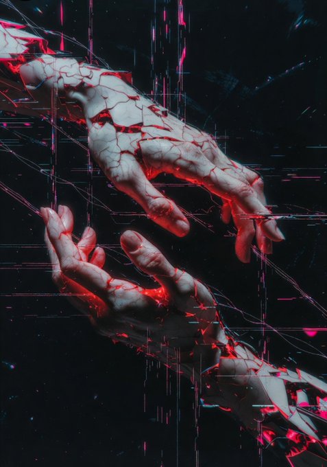 Two cracked, porcelain-like hands reach toward each other across a dark void laced with glowing red fractures and glitching digital lines, visualizing a broken connection in a fractured digital realm.