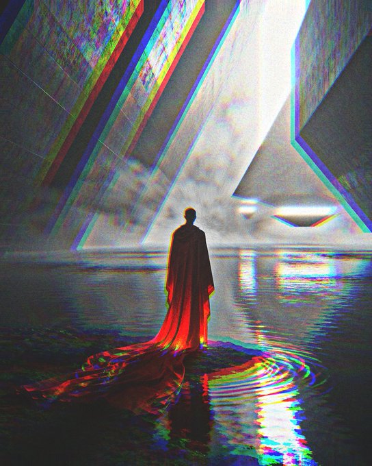 A solitary cloaked figure stands in shallow water, gazing at floating geometric monoliths and a glowing vessel under a stormy sky, rendered with a chromatic aberration glitch effect. The surreal, otherworldly scene evokes a sense of revelation and mystery, fitting for the NFT artwork titled "The Arrival."