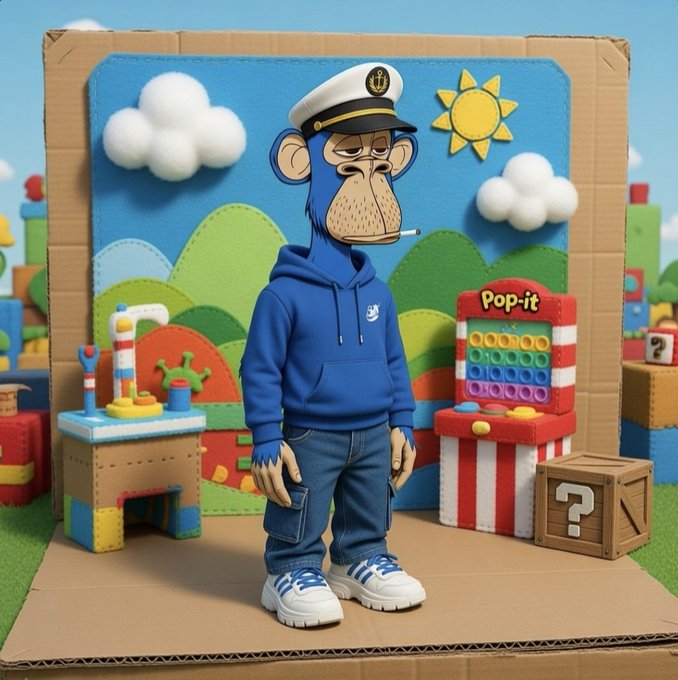 A stylized cartoon monkey character wearing a blue hoodie, captain's hat, and jeans stands inside a cardboard diorama featuring colorful toys, a "Pop-it" machine, and a question mark crate. The whimsical, childlike scene with playful elements like a rainbow and clouds complements the cheerful "Good morning Web3, Happy Saturday fam" greeting, evoking a fun, weekend vibe for the crypto community.