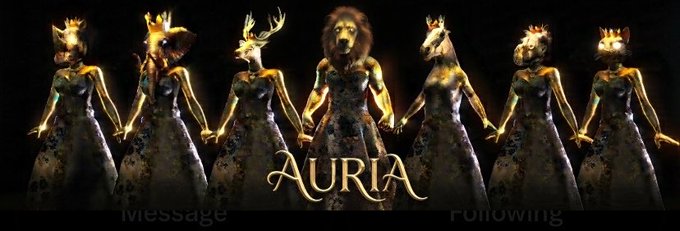 A banner image showing seven humanoid figures with animal heads (deer, lion) wearing elegant floral dresses against a dark background, with the text "AURIA" prominently displayed, along with "message" and "following" text.