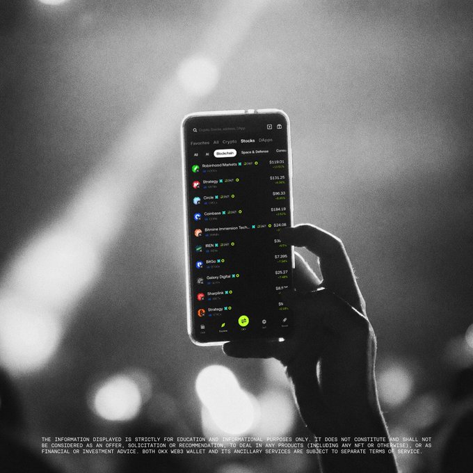 A hand holds a smartphone displaying the OKX Web3 wallet app with a crypto token list including BTC, SOL, SHIB, PEPE, TON, and DGB, illustrating the post's message that modern portfolios are built around diverse on-chain access points rather than traditional asset classes.