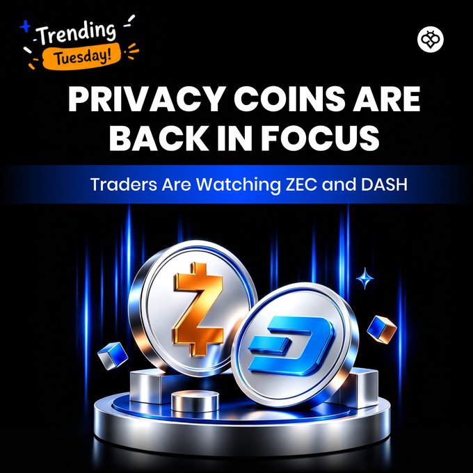 Crypto marketing graphic titled 'PRIVACY COINS ARE BACK IN FOCUS' with 'Trending Tuesday!' tag, featuring 3D rendered Zcash (ZEC) and Dash (DASH) coins on a pedestal with the subtitle 'Traders Are Watching ZEC and DASH.'