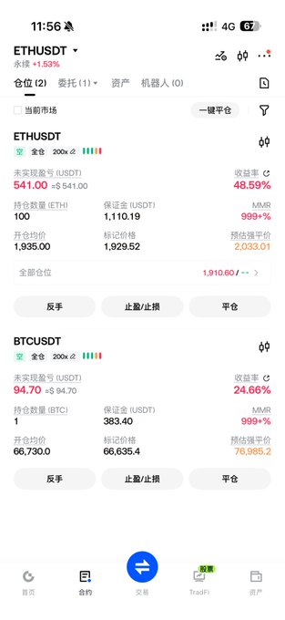 The image shows a cryptocurrency trading app displaying positions for ETHUSDT (long position with -$541 unrealized PnL, 48.59% margin ratio) and BTCUSDT (long position with -$94.70 unrealized PnL, 24.66% margin ratio). The post expresses frustration about being "empty"—likely referring to both the depleted wallet balance (shown as 999+% MMR, near liquidation) and the empty feeling of holding underwater leveraged positions in the "dog farm" of crypto trading.
