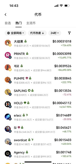 A screenshot of a Chinese cryptocurrency app showing a list of tokens including '大桔果', 'PRINT0', '제도', and 'PUMPE' with their prices and 24-hour changes.