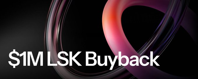 A promotional banner with a dark background features abstract swirling pink and purple shapes with the text '$1M LSK Buyback' in large white letters.
