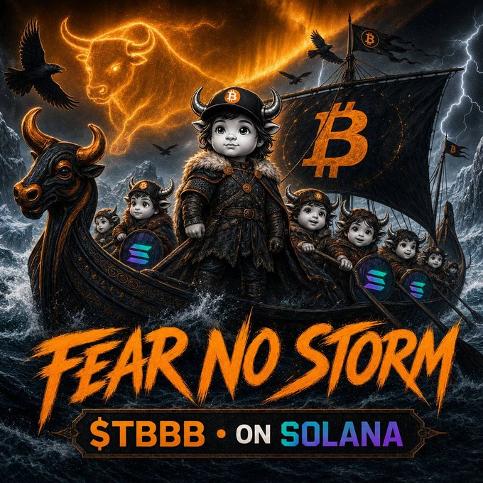 A dramatic AI-generated fantasy artwork depicting cartoonish Vikings in a stormy sea with a Bitcoin flag, a glowing bull symbol in the sky, and text reading 'FEAR NO STORM $TBBB • ON SOLANA'.