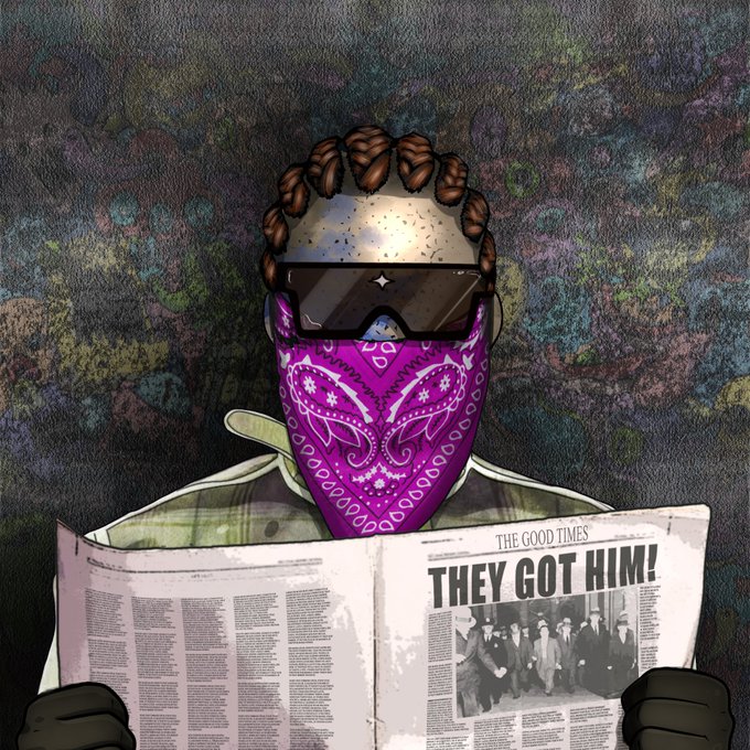 A digital illustration depicts a person wearing a purple patterned bandana covering their face, dark futuristic sunglasses, and braided hair, reading a newspaper with a bold headline reading 'THEY GOT HIM!' above a black-and-white photo.