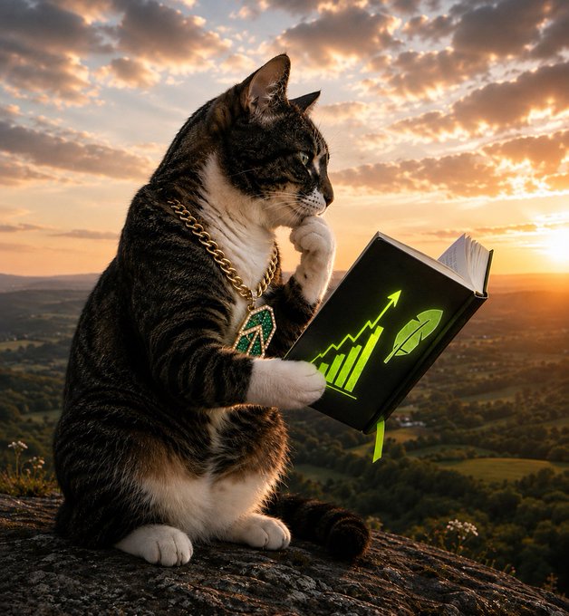 A whimsical AI-generated image of a tabby cat wearing a gold chain with a gem pendant, sitting on a rocky outcrop and reading a book displaying green upward-trending business charts and a rocket, set against a sunset landscape.