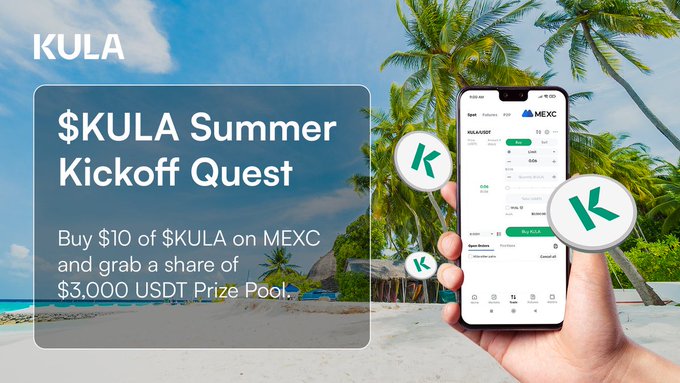 The image displays a hand holding a phone showing the MEEX app for the $KULA Summer Kickoff Quest, where buying $10 of $KULA enters you into a $3,000 USDT prize pool. This visual matches the post’s ongoing call to participate in the quest to turn $10 into $40.