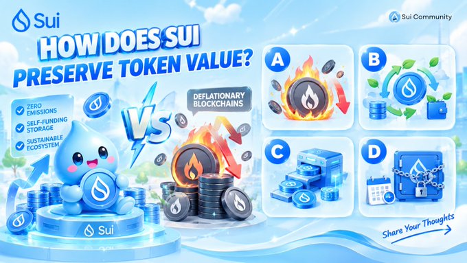 An infographic titled 'HOW DOES SUI PRESERVE TOKEN VALUE?' comparing Sui's features (zero emissions, self-funding storage, sustainable ecosystem) against deflationary blockchains, with options A, B, C, and D.