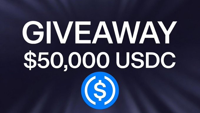 A bold promotional graphic announcing a "$50,000 USDC GIVEAWAY" in large white text against a dark background, featuring the blue USDC token logo with a dollar sign. The image directly illustrates the post's claim of randomly distributing USDC to commenters who share their Solana wallet addresses, using the official USDC branding to add visual credibility to the giveaway announcement.