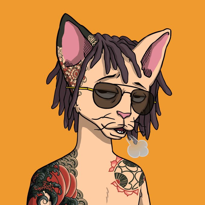 A stylized illustration of a tattooed, dreadlocked cat character wearing sunglasses and exhaling smoke, set against a vibrant orange background. The edgy feline imagery complements the post's giveaway announcement, serving as a visually striking mascot for the $SOL crypto drop promotion.