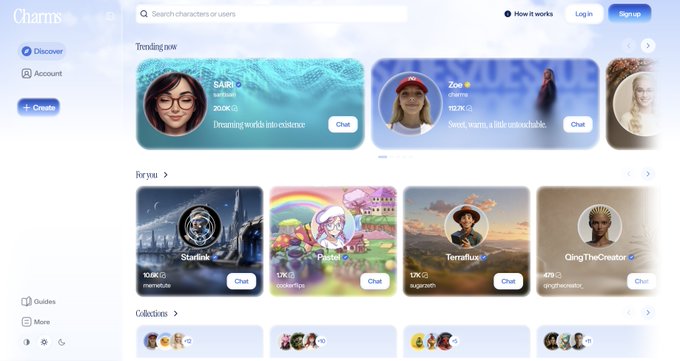 A screenshot of the 'Charms' website interface, showing a 'Trending now' section featuring characters like 'Star' and 'Zoe', and a 'For you' section with options like 'Starlike', 'Pastel', 'Terraflix', and 'GingTheCreator'.