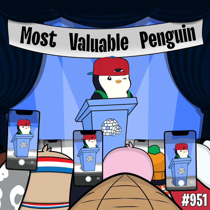 A cartoon illustration shows a penguin wearing a red backwards cap at a podium with a banner reading "Most Valuable Penguin," while an audience of penguins records the speech on their phones (#951).
