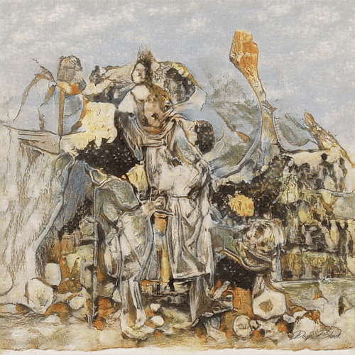 An abstract mixed-media artwork features collaged elements including figures in armor, mountainous landscapes, and metallic textures in muted gold, blue, and earth tones.