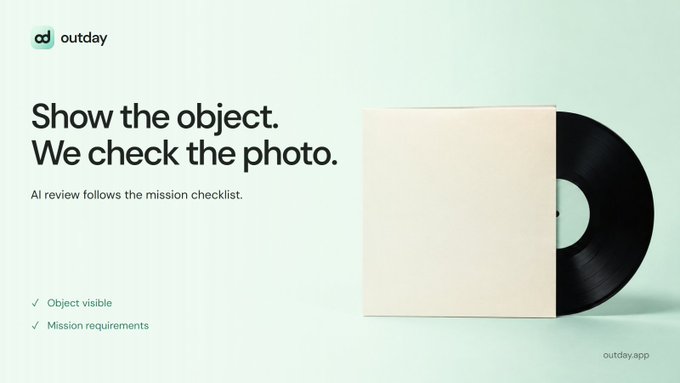 An advertisement for the Outday app showing a vinyl record with text: 'Show the object. We check the photo.'