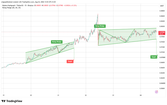A TradingView chart of Hedera Hashgraph (HBAR/USDT) on Binance showing 'Rising Wedge' patterns with 'Target' markers.