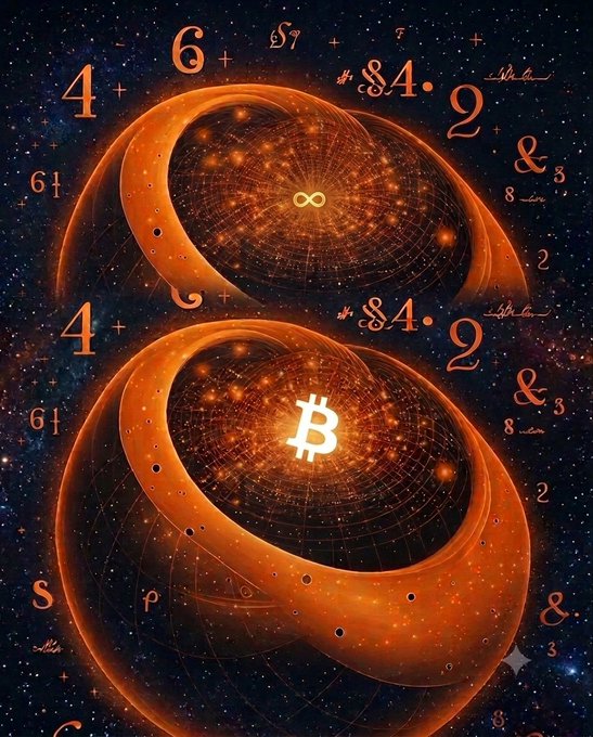 An abstract digital artwork showing an orange infinity symbol with a Bitcoin logo at its center, surrounded by glowing numbers against a dark, starry cosmic background.