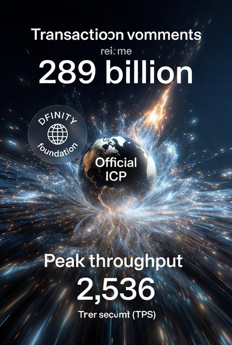 The image shows a planet surrounded by a burst of light or sparks, which are scattered across the frame. The background of the image is black with white text that reads "Transaction voments remain me $ICP has powered through 289 billion transactions and is barreling toward the 300 billion milestone with unstoppable force". The title of the post is "Peak throughout 2,534 transactions (TPS)".
