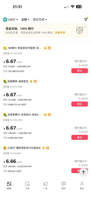 A mobile screenshot of a cryptocurrency exchange app showing USDT (Tether) purchase offers at approximately 6.66-6.67 RMB, with multiple sellers including "789商行," "宏霖商贸," "龙哥者商行," and "江苏沪-理财" available for transactions ranging from 100,000 to 2,000,000 CNY. The image humorously illustrates the post's message about the RMB/USD exchange rate breaking 6.75, as the USDT buy prices being offered (6.66-6.67) reflect the declining value of the dollar against the yuan.