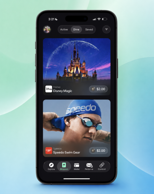 A smartphone mockup displays a rewards app showing 'Disney Magic' and 'Speedo Swim Gear' brand tiles, each priced at $2.00, on the Mission tab.