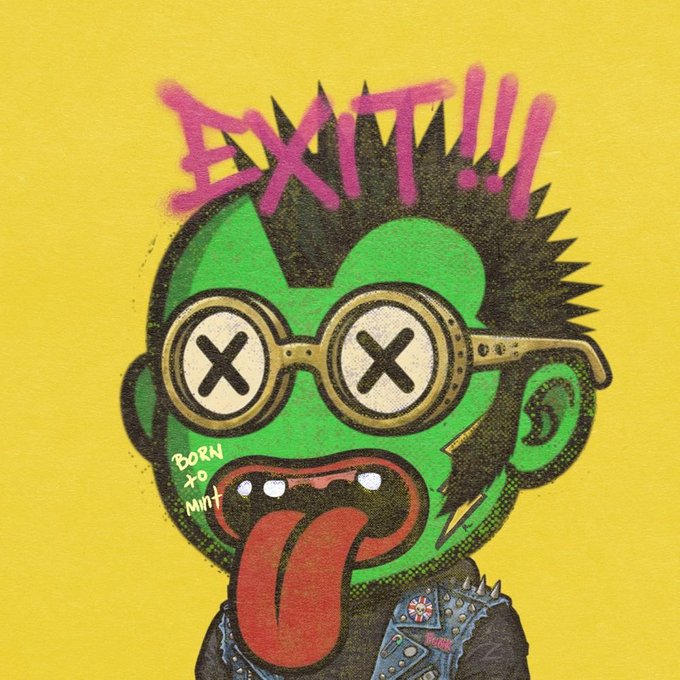 A punk-style illustration of a green monkey wearing X-eyed round glasses and a spiked leather jacket sticks out its tongue, with 'EXIT!!!' written in pink above and 'BORN TO MINT' on the cheek.