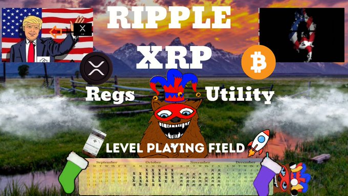 This image, featuring the words "RIPPLE XRP", "Regs", "Utility", and "Level Playing Field", along with an image of Donald Trump and the XRP logo, visually represents the post's bullish outlook for XRP, predicting a $27 price by June 28th, 2026, driven by regulations and utility.