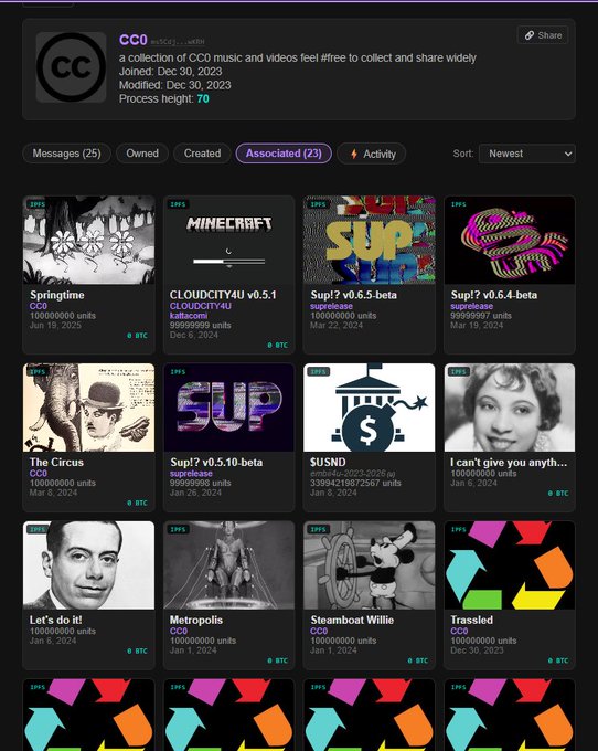 A screenshot of a collection page for CC0 music and videos showing various thumbnails including 'Springtime', 'MINECRAFT', 'Sup!?' versions, 'The Circus', and 'Steamboat Willie'.