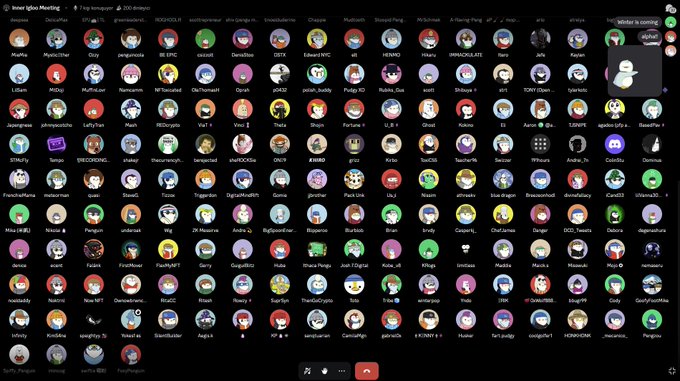 A live igloo meeting titled 'Frog PentagomI' with 200+ Analys featuring a grid of user profile pictures, including usernames like 'pacito7chan', 'ganyu6969', 'choppa', 'kserkun', 'A Strong Frog', 'Jahi', and 'KUTSUMES' visible below each avatar.