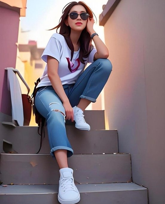 A stylized illustration of a young woman with sunglasses sitting on concrete steps, wearing a white t-shirt, ripped blue jeans, and white sneakers.