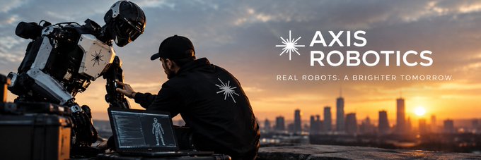 A technician wearing a cap works on a humanoid robot at sunset with a city skyline in the background, while a laptop displays code or a robot model nearby. The banner reads "AXIS ROBOTICS — REAL ROBOTS. A BRIGHTER TOMORROW." The image visually reinforces the post's theme of human intervention during robot learning, depicting the human-robot collaboration where a human steps in to guide the robot after a failure point.