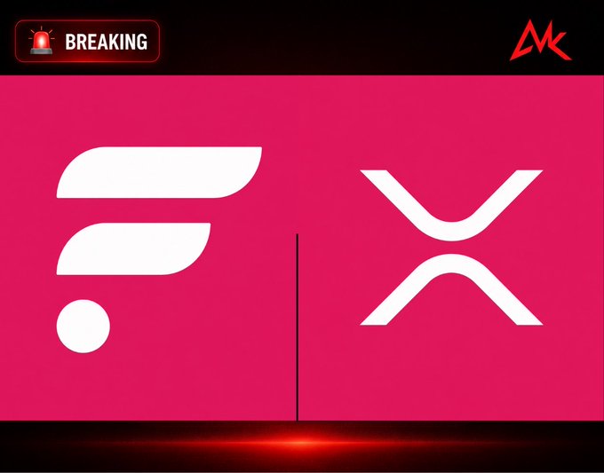 A breaking news graphic on a pink/magenta background showing the white Flutter (FLUT) logo on the left and the XRP (Ripple) logo on the right, separated by a vertical line.
