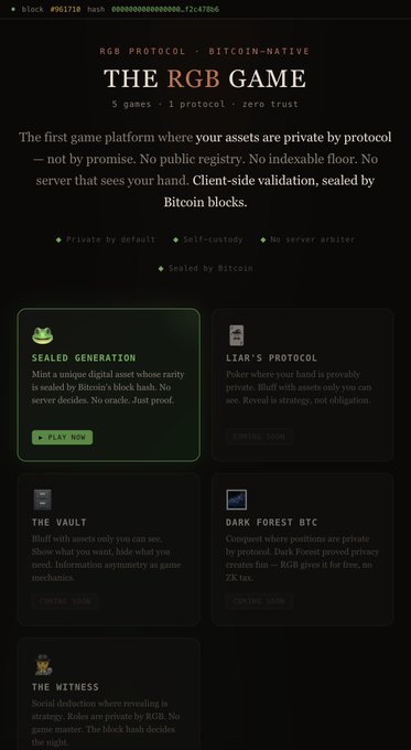 The image displays a landing page for "THE RGB GAME," a Bitcoin-native protocol featuring 5 games with zero trust, including a "Sealed Generation" NFT mint ("Play Now"), and upcoming games like "Liar's Protocol," "The Vault," "Dark Forest BTC," and "The Witness," aligning with the post's announcement of testing the first game using the UTEXO SDK.