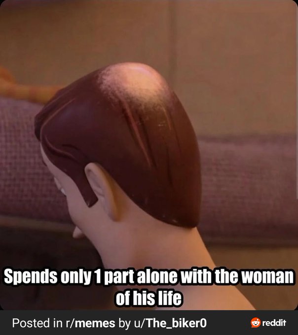A meme featuring the back of a cartoon character's head to resemble a balding man, with the caption 'Spends only 1 part alone with the woman of his life', posted on Reddit by u/The_biker0.