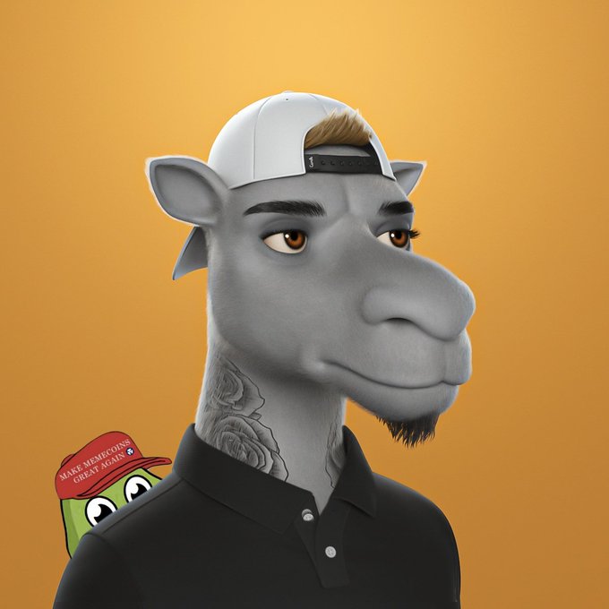 A 3D-rendered anthropomorphic gray hippo with a small goatee wears a backward white baseball cap and a black polo shirt, with a rose tattoo on its neck and a small green character reading 'MAKE MEMECoins GREAT AGAIN' on its shoulder.