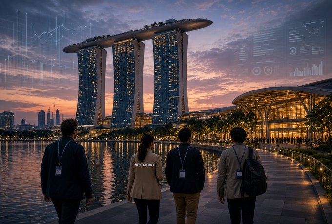 Four attendees with "Vertrauen" lanyards walk along Marina Bay at sunset toward the iconic Marina Bay Sands towers, where holographic charts and data overlays float against the twilight sky—capturing the pre-convergence buzz of TOKEN2049 as Singapore fills with 25,000 industry figures trading badges and handshakes before the event begins.