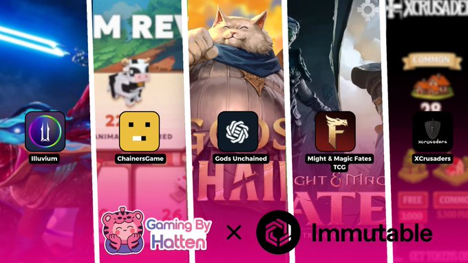 A promotional graphic showcasing the top 5 hot games on Immutable X this July, featuring vertical banners for Illuvium, ChalmersGame, Gods Unchained, Might & Magic Fates TCG, and XCrusaders, with the Gaming By Hatten x Immutable branding at the bottom.