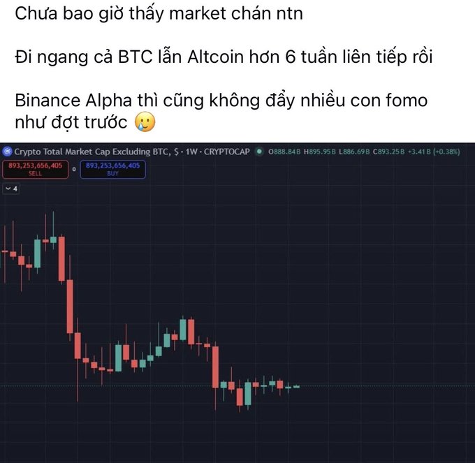 A Vietnamese social media post complaining about the boring crypto market, with text stating BTC and altcoins have moved sideways for over 6 consecutive weeks and that Binance Alpha isn't generating much FOMO like before, accompanied by a CRYPTOCAP chart showing total crypto market cap excluding BTC.