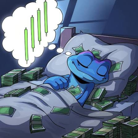 A cartoon blue frog character sleeps peacefully on a bed surrounded by scattered and stacked bundles of cash, dreaming of green candlestick chart patterns in a thought bubble.