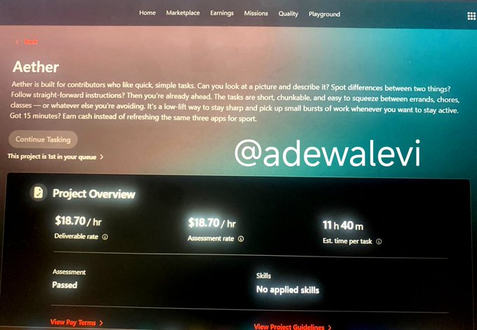 A screen capture of a project page for 'Aether' showing '$18.70/hr' deliverable and assessment rates, '11 h 40 m' estimated time per task, and the handle '@adewalevi'.