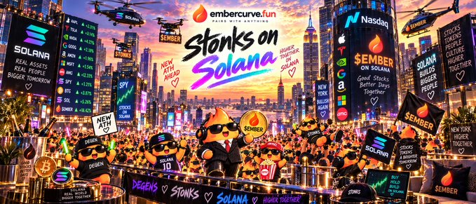 A vibrant, stylized illustration depicts a bustling Times Square-like scene where cartoon characters celebrate "$EMBER" tokens on Solana alongside "SOLANA" branding, with NASDAQ and S&P tickers visible on billboards and signs reading "Stonks on Solana," "Real Assets, Bigger Tomorrow," and "Higher Together." The image directly visualizes the post's "Hello @solana this is $EMBER" greeting, portraying the Ember token's presence and bullish sentiment within the Solana ecosystem.