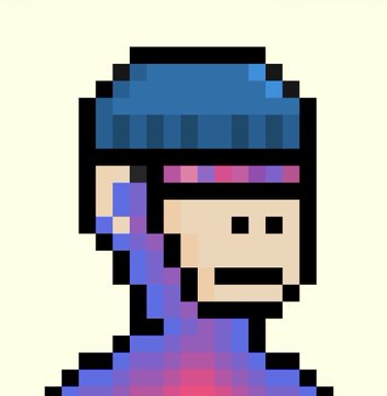 A pixel art portrait of a person wearing a blue cap and purple jacket with a pink headband on a cream background.