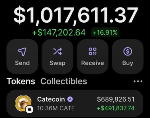 The image displays a crypto wallet interface showing a balance of $1,017,611.37 (+$147,202.64, +16.91%), with featured holdings including 10.36M CATE (Catecoin) valued at $689,826.51, alongside action buttons for Send, Swap, Receive, and Buy. The post appears to be a $100 giveaway promotion, likely using this large balance screenshot as proof of wealth to entice engagement and solicit Solana (SOL) addresses from participants.