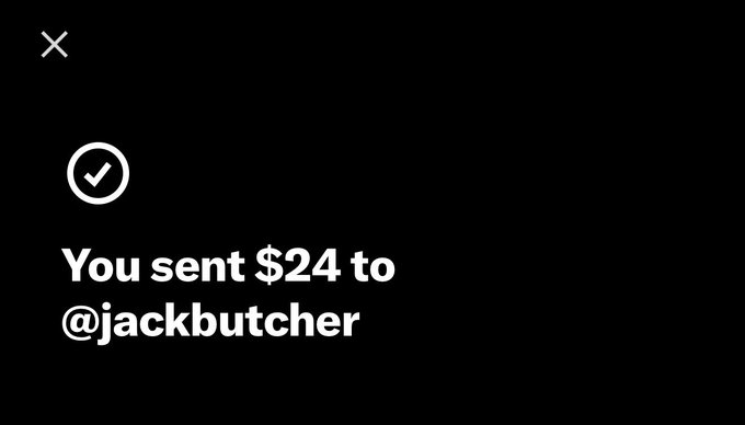 A confirmation screen shows "You sent $24 to @jackbutcher," confirming a Venmo payment, which humorously suggests the sender gave a generous $16 tip rather than the intended three separate transactions mentioned in the post.