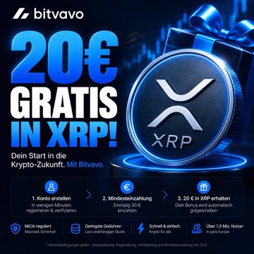 A Bitvavo cryptocurrency advertisement offering '20€ GRATIS IN XRP!' (20€ free in XRP) in German, outlining a three-step process to create an account, verify identity, and receive the bonus, with a glowing XRP coin displayed.