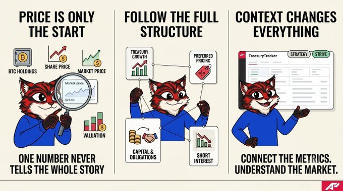 An infographic featuring a fox mascot divided into three sections titled 'PRICE IS ONLY THE START,' 'FOLLOW THE FULL STRUCTURE,' and 'CONTEXT CHANGES EVERYTHING,' discussing financial metrics like BTC Holdings, Market Price, and Treasury Growth.