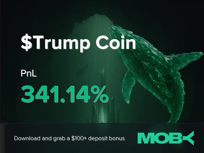 A promotional graphic for Moby Mobile features a glowing green whale underwater alongside the text "$Trump Coin" and a highlighted PnL of "341.14%", with a bottom banner offering a "$100+ deposit bonus" on the MOBX app. The image visually celebrates the trader's reported win alert, matching the post's announcement of a +341.14% profit on a Trump Coin position.